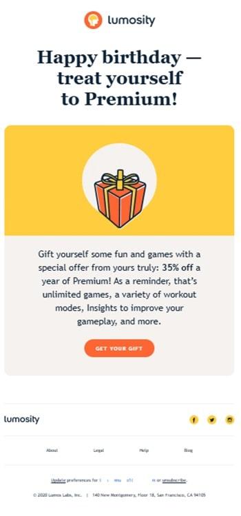 Birthday milestone email example showing personalized celebration message with special offer for customer appreciation